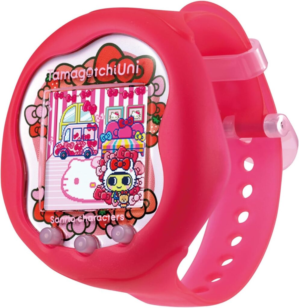 Tamagotchi Uni Sanrio charactersの図、赤色でリボンの背景のたまごっち。キティちゃんの帽子を被ったまめっちがいる